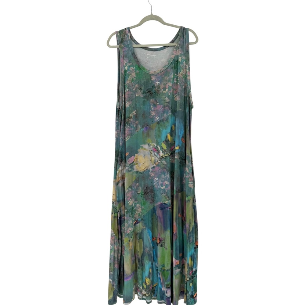 Soft Surroundings Floral Abstract Maxi Dress Green Teal 2X Sleeveless Pockets